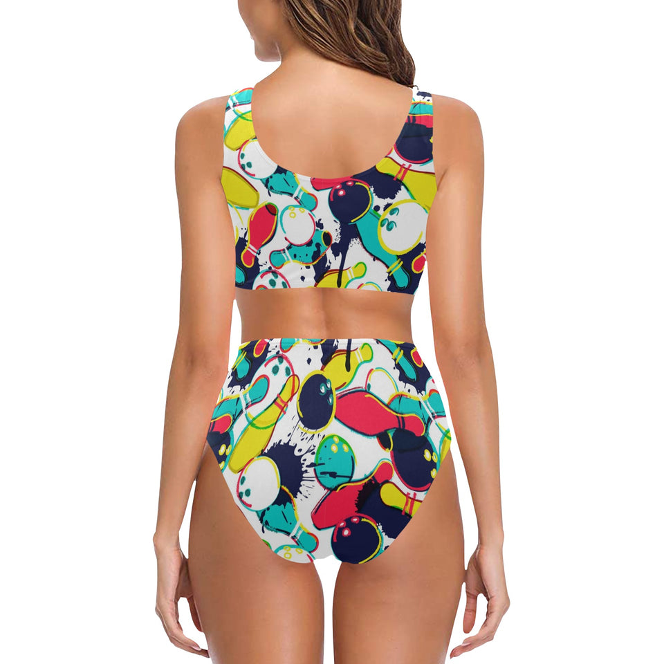 watercolor bowling ball pins Chest Bowknot High Waisted Bikini Swimsuit