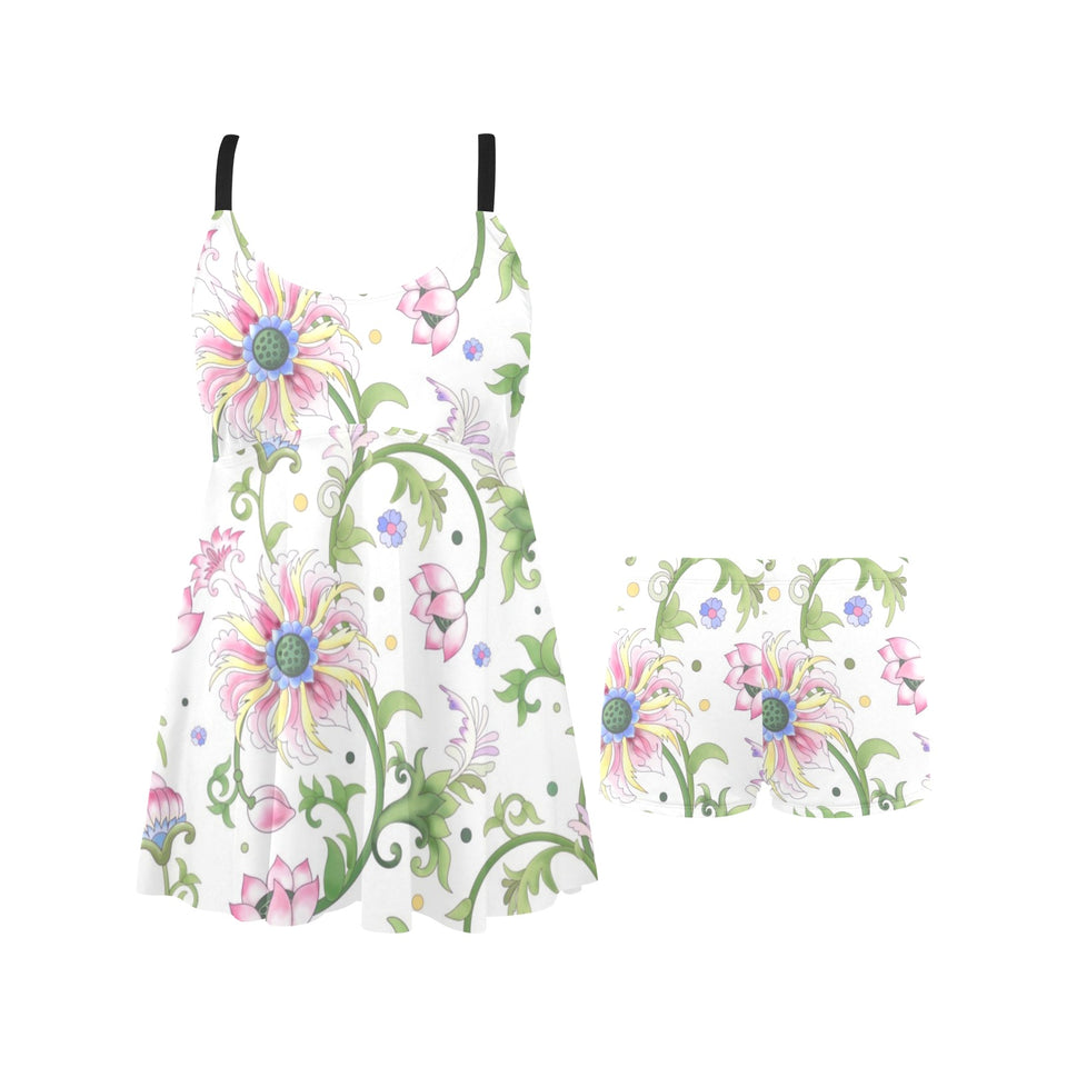 Beautiful pink lotus waterlily leaves pattern Chest Sexy Pleated Two Piece Swim Dress