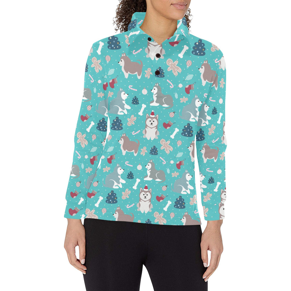 Christmas cute siberian husky puppie pattern Women's Long Sleeve Polo Shirt