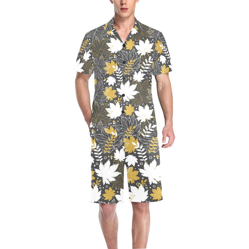 Beautiful gold autumn maple leaf pattern Men's V-Neck Short Pajama Set
