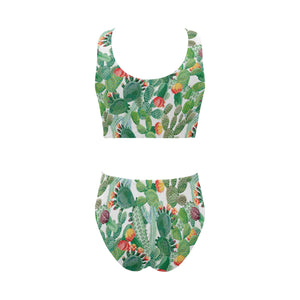 Cactus design pattern copy Chest Bowknot High Waisted Bikini Swimsuit