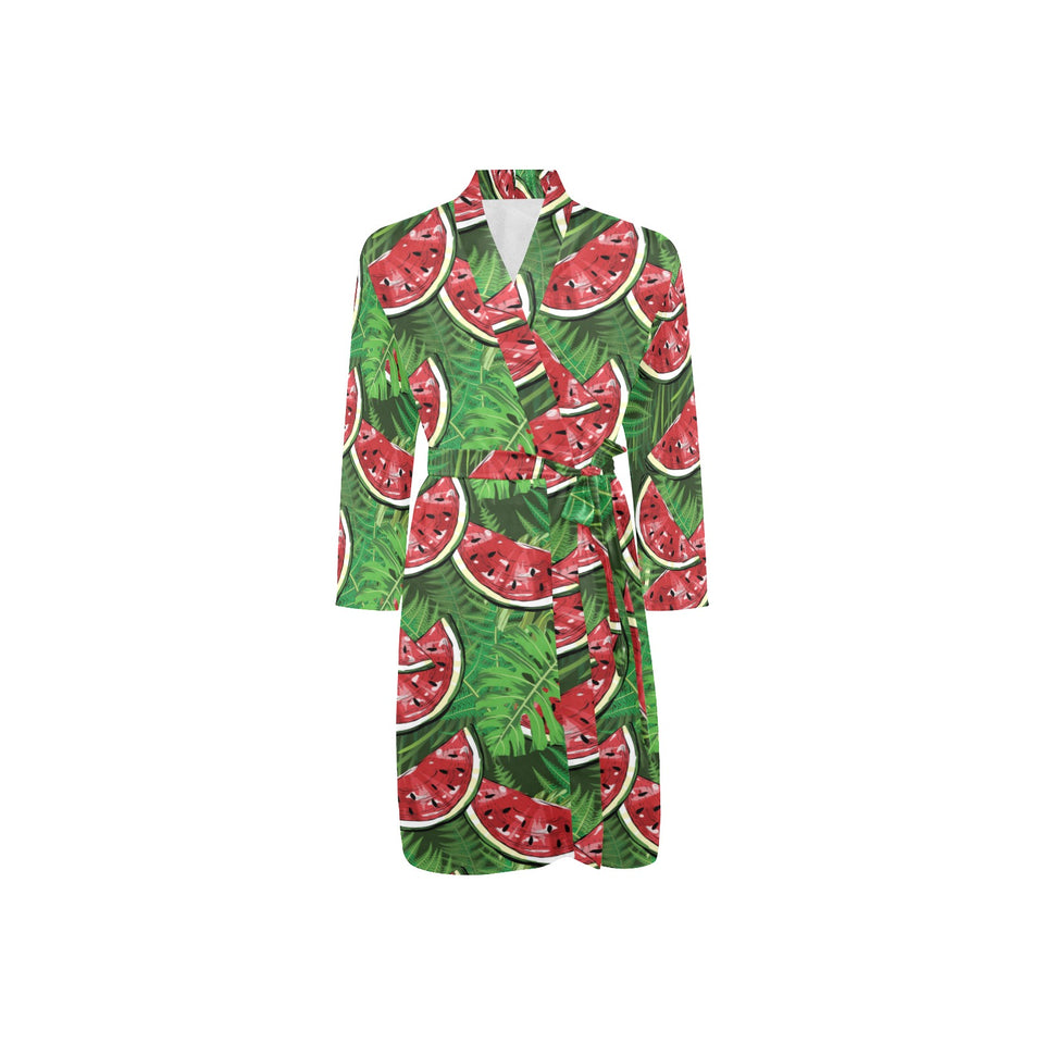 Watermelons tropical palm leaves pattern backgroun Men's Long Sleeve Belted Night Robe