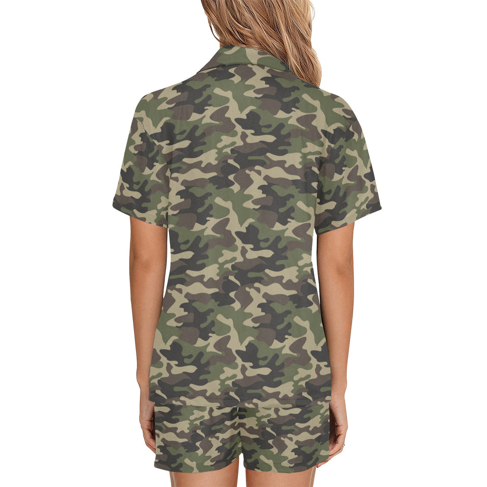 Dark Green camouflage pattern Women's V-Neck Short Pajama Set