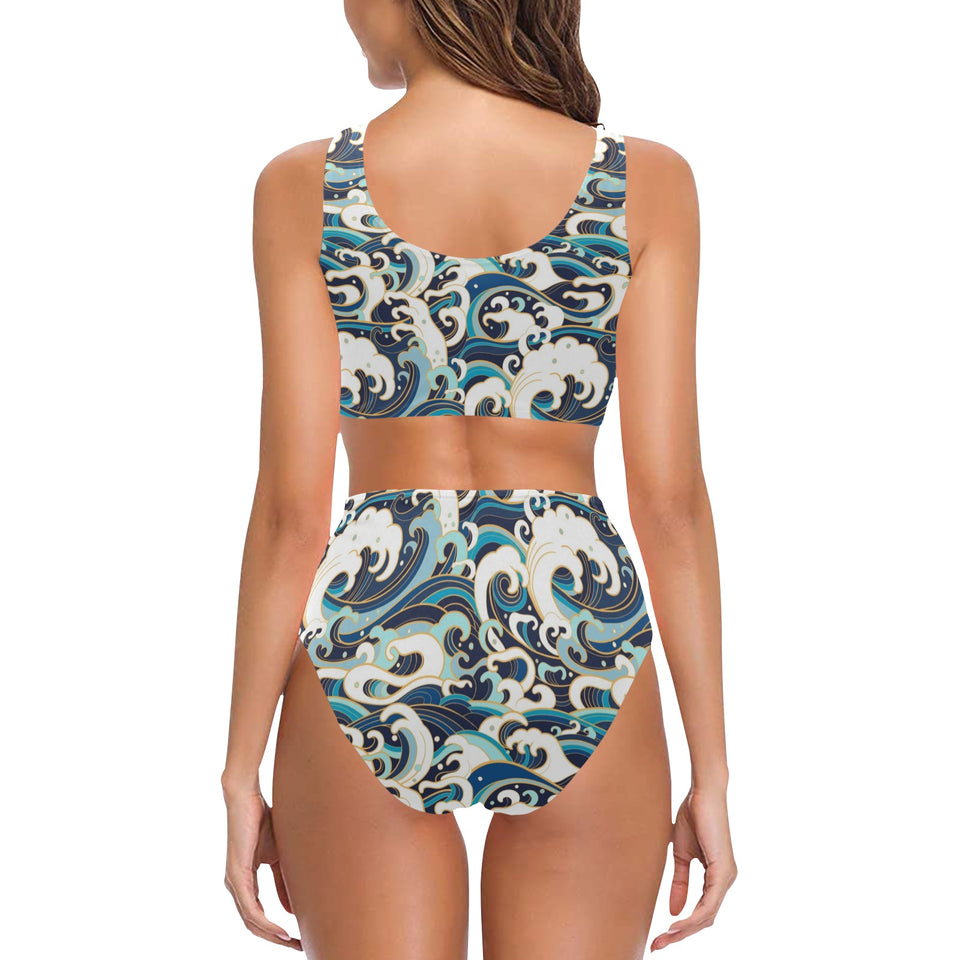 Japanese wave pattern Chest Bowknot High Waisted Bikini Swimsuit