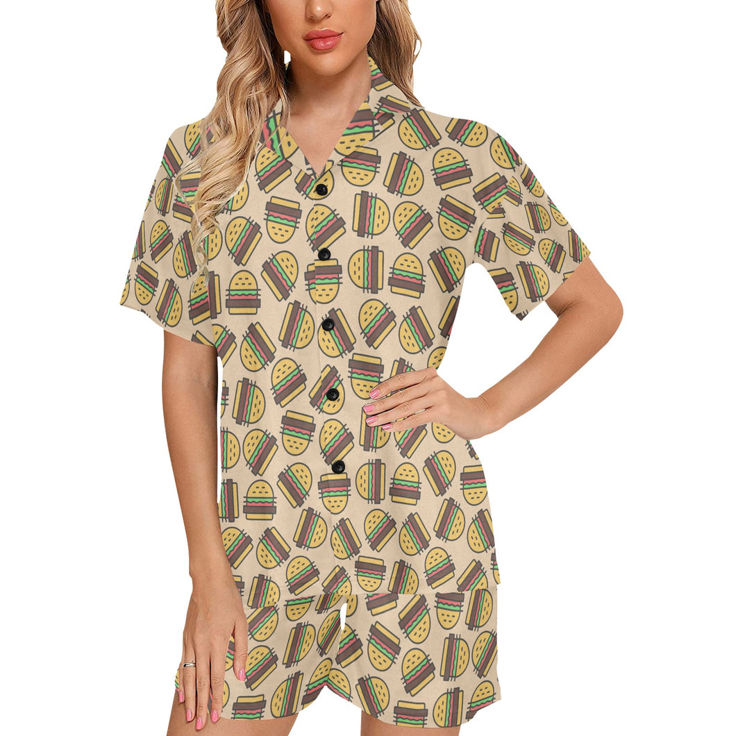 Hamburger Pattern Print Design 01 Women's V-Neck Short Pajama Set
