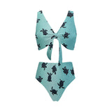 Sea turtle with blue ocean backgroud Chest Bowknot High Waisted Bikini Swimsuit