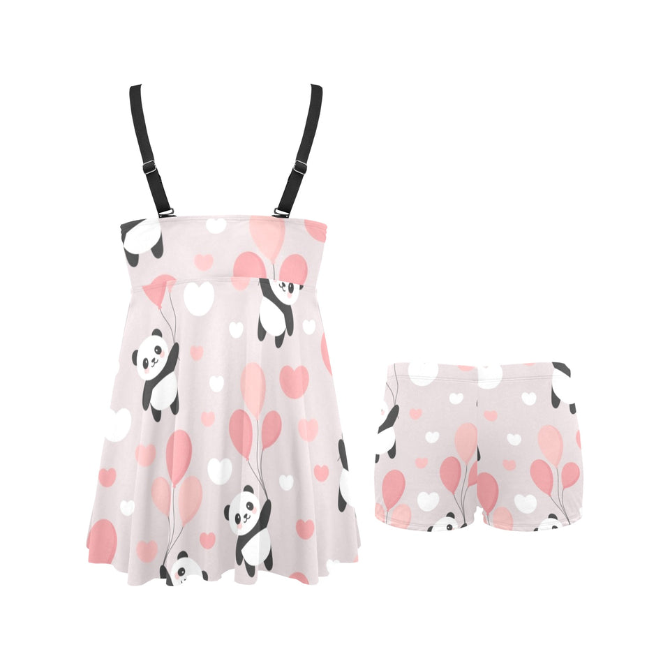Cute panda ballon heart pattern Chest Sexy Pleated Two Piece Swim Dress