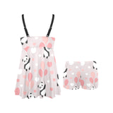 Cute panda ballon heart pattern Chest Sexy Pleated Two Piece Swim Dress