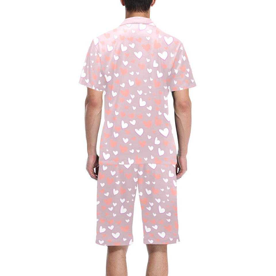 coral white heart pattern Men's V-Neck Short Pajama Set