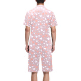 coral white heart pattern Men's V-Neck Short Pajama Set