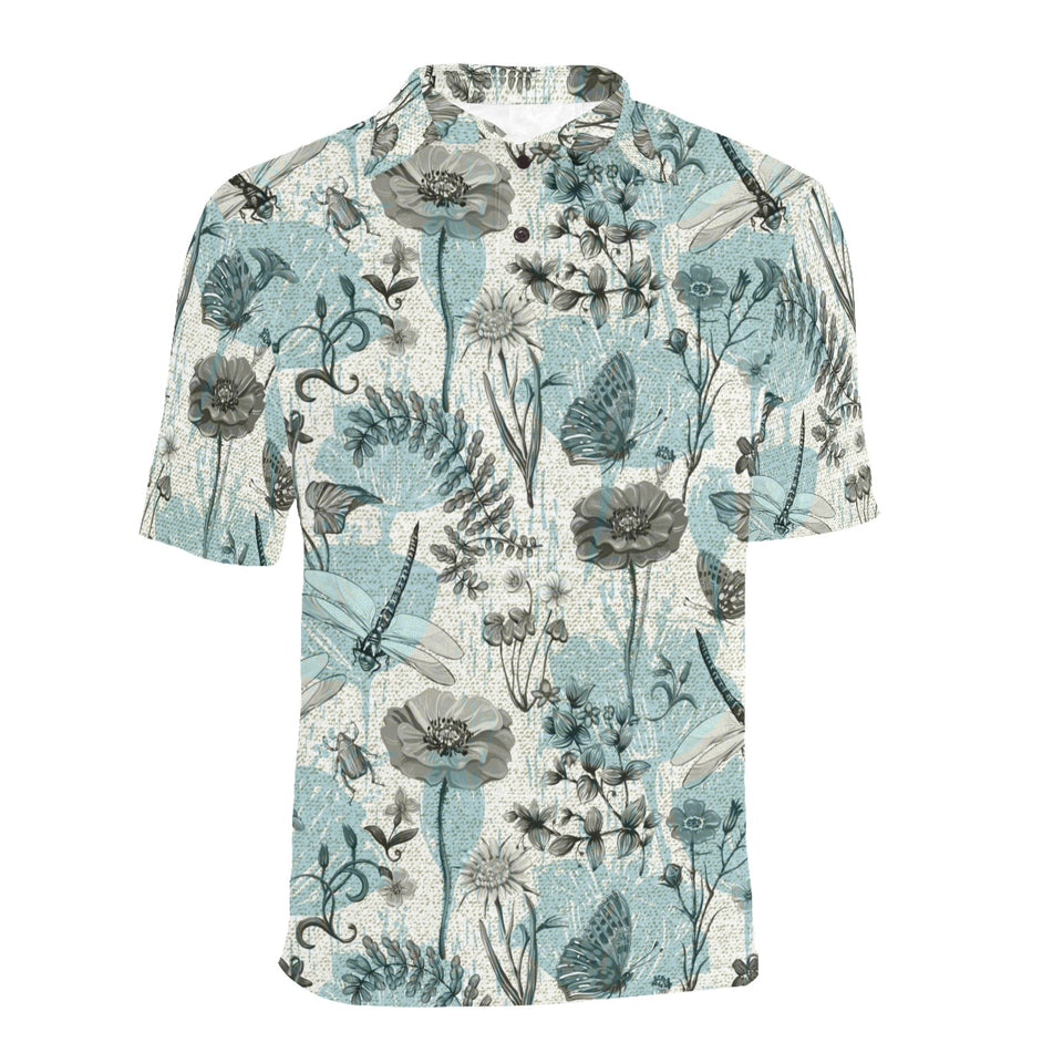 Dragonfly Butterfly Plants insect flower vintage s Men's All Over Print Polo Shirt