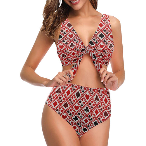 Casino Cards Suits Pattern Print Design 03 Chest Bowknot High Waisted Bikini Swimsuit