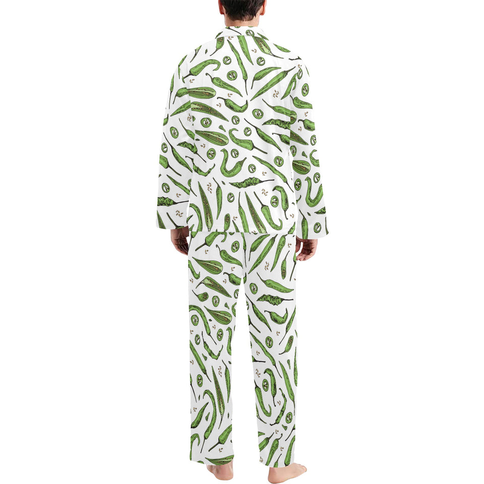Hand drawn sketch style green Chili peppers patter Men's Long Pajama Set