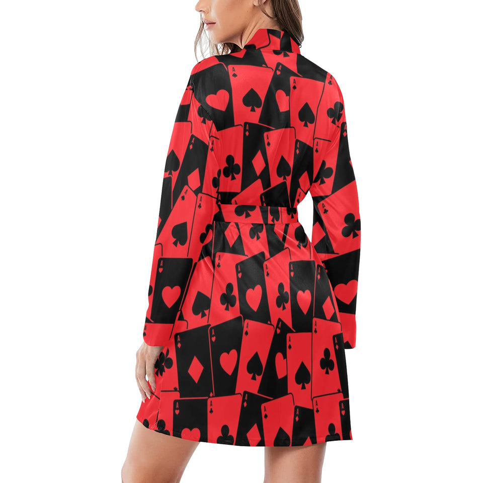 Casino Cards Suits Pattern Print Design 02 Women's Long Sleeve Belted Night Robe