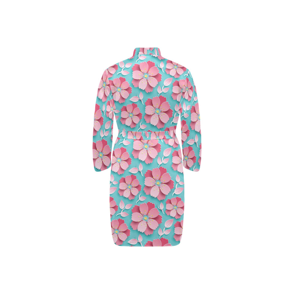 3D sakura cherry blossom pattern Men's Long Sleeve Belted Night Robe