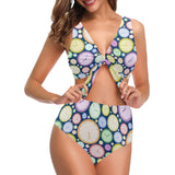 Colorful clock background Chest Bowknot High Waisted Bikini Swimsuit