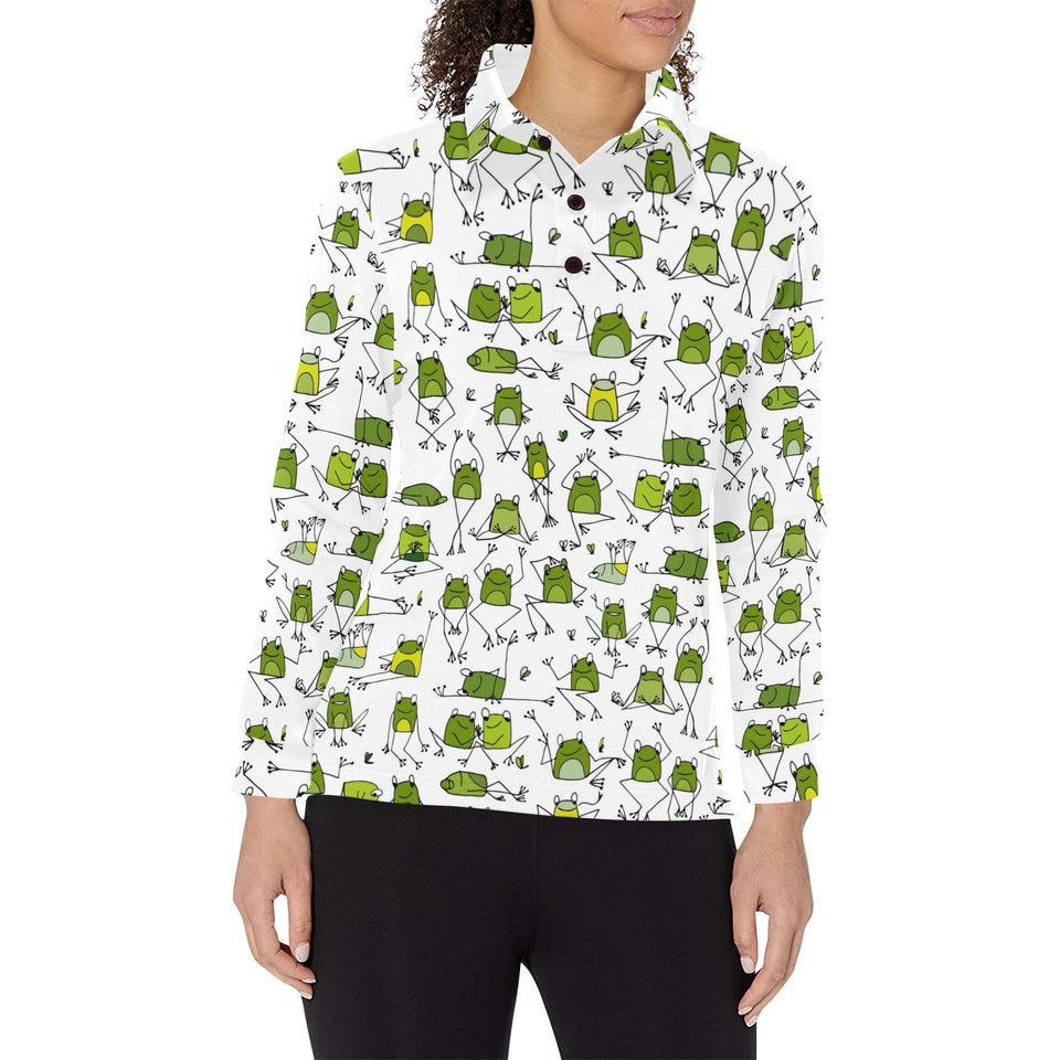 Sketch funny frog pattern Women's Long Sleeve Polo Shirt