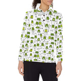 Sketch funny frog pattern Women's Long Sleeve Polo Shirt