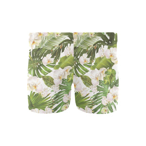 White orchid flower tropical leaves pattern Men's Swimming Trunks