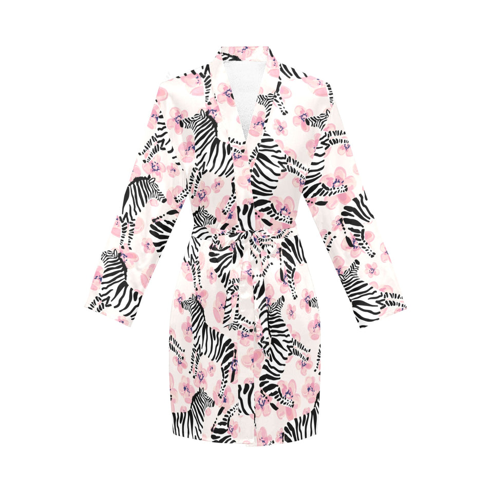Zebra pink flower background Women's Long Sleeve Belted Night Robe