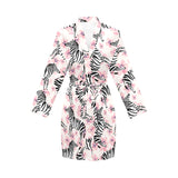 Zebra pink flower background Women's Long Sleeve Belted Night Robe