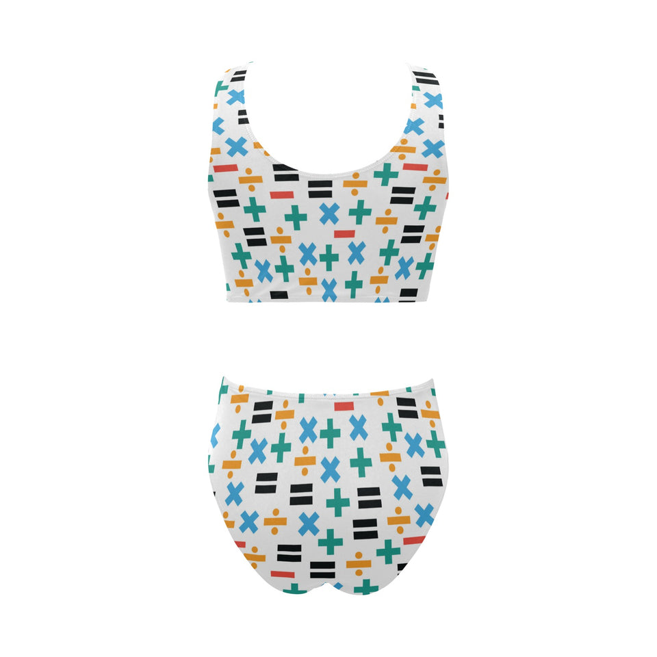 Math Pattern Print Design 05 Chest Bowknot High Waisted Bikini Swimsuit