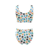 Math Pattern Print Design 05 Chest Bowknot High Waisted Bikini Swimsuit