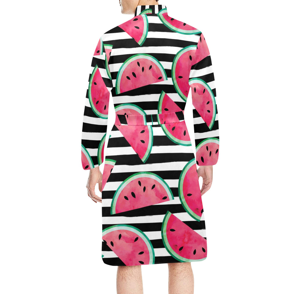 Watercolor paint textured watermelon pieces Men's Long Sleeve Belted Night Robe