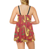 Saxophone cornet pattern red background Chest Sexy Pleated Two Piece Swim Dress