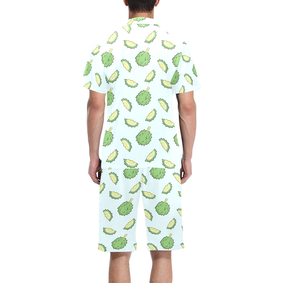 Durian pattern blue background Men's V-Neck Short Pajama Set