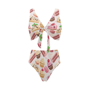 Cake cupcake sweets pattern Chest Bowknot High Waisted Bikini Swimsuit