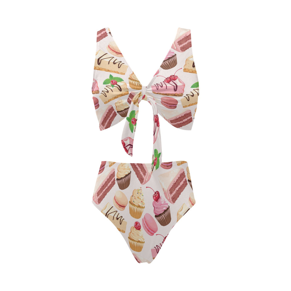 Cake cupcake sweets pattern Chest Bowknot High Waisted Bikini Swimsuit
