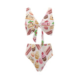 Cake cupcake sweets pattern Chest Bowknot High Waisted Bikini Swimsuit