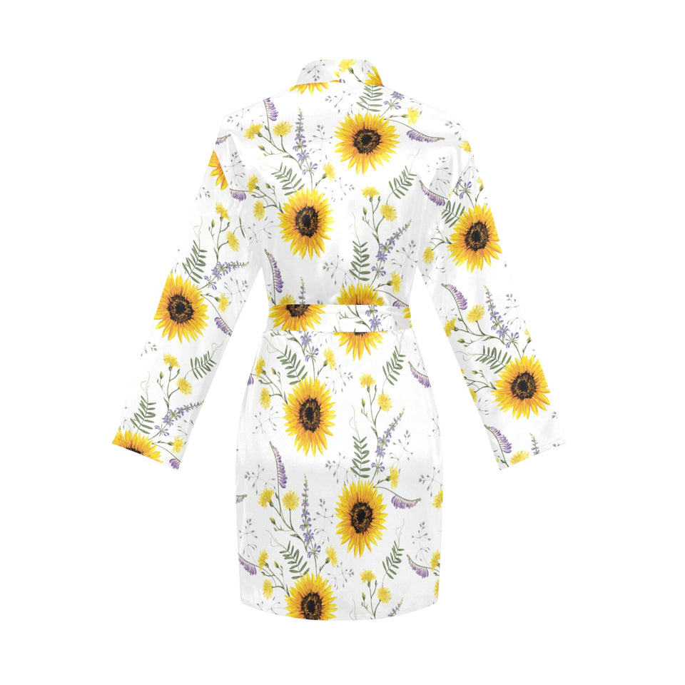 beautiful sunflowers pattern Women's Long Sleeve Belted Night Robe
