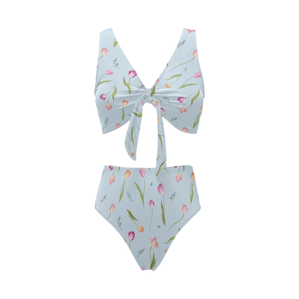 Watercolor Tulips pattern Chest Bowknot High Waisted Bikini Swimsuit