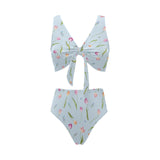 Watercolor Tulips pattern Chest Bowknot High Waisted Bikini Swimsuit