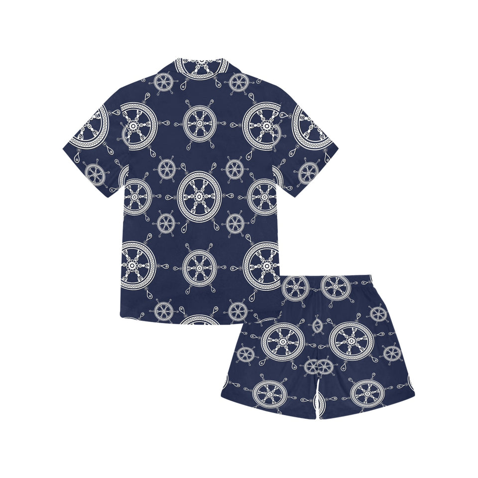 nautical steering wheel design pattern Kids' Boys' Girls' V-Neck Short Pajama Set