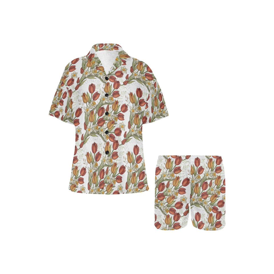 Red tulips and daffodils pattern Women's V-Neck Short Pajama Set