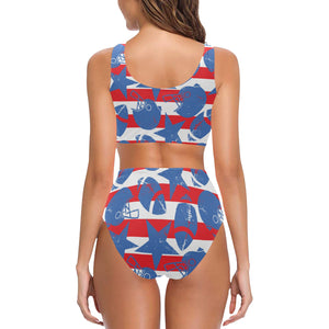 American football ball star stripes pattern Chest Bowknot High Waisted Bikini Swimsuit