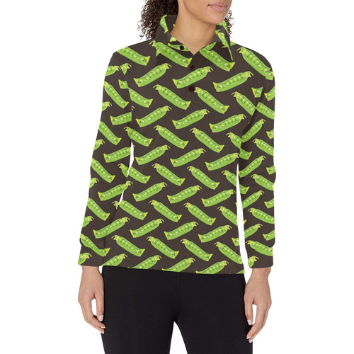 Green Peas Pattern Print Design 05 Women's Long Sleeve Polo Shirt