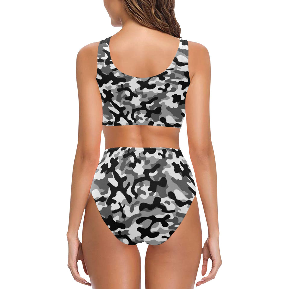 Black white camouflage pattern Chest Bowknot High Waisted Bikini Swimsuit