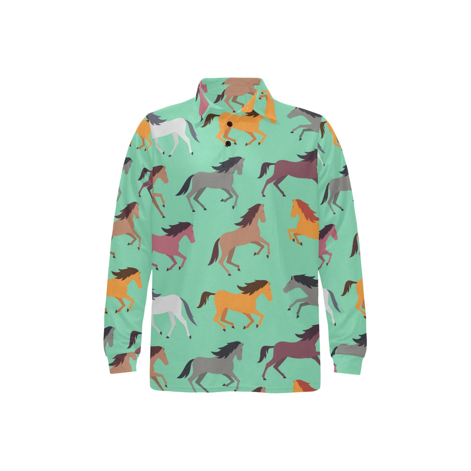 Colorful horses pattern Men's Long Sleeve Polo Shirt