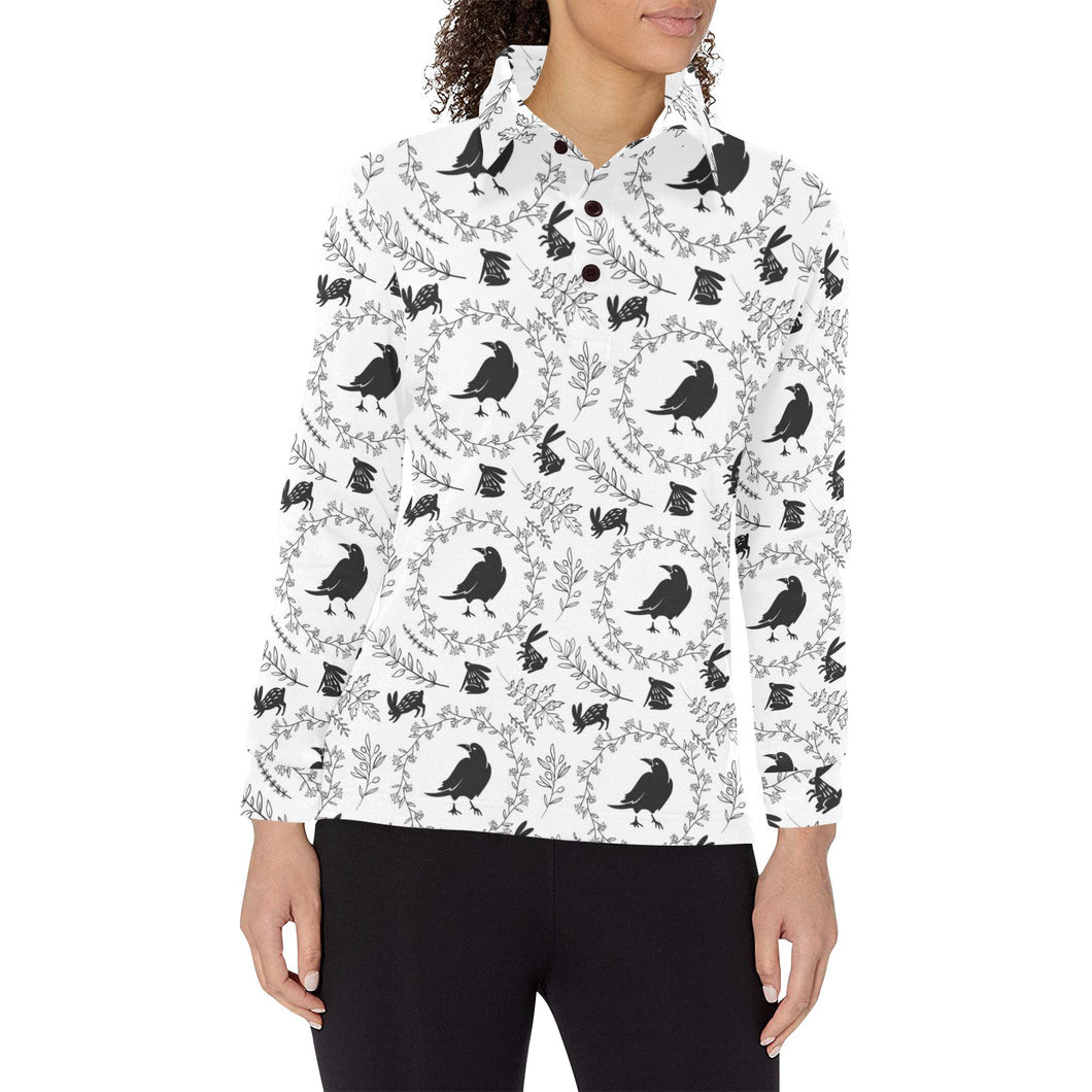 Crows floral wreath rabbit pattern Women's Long Sleeve Polo Shirt