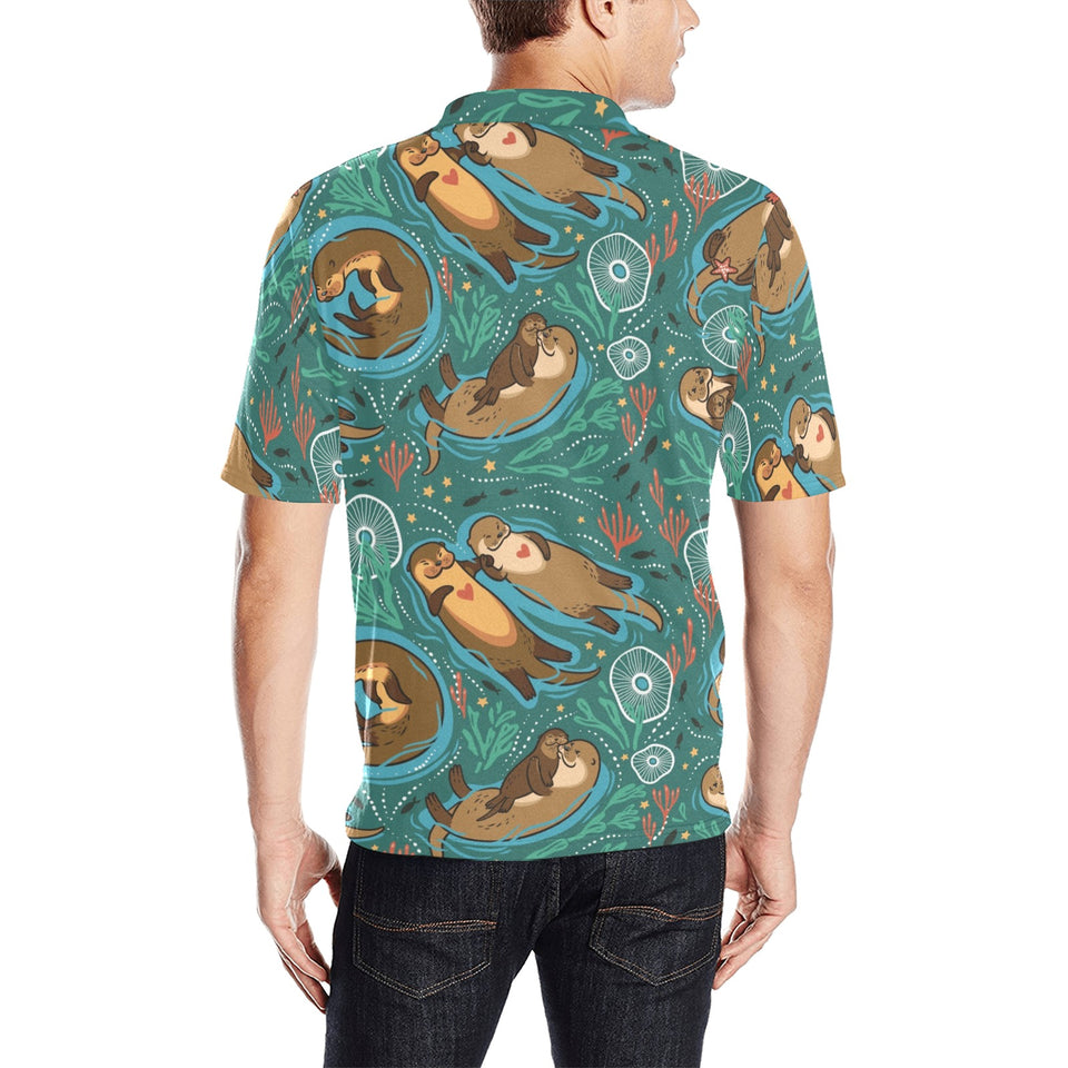 cute brown sea otters ornamental seaweed corals gr Men's All Over Print Polo Shirt