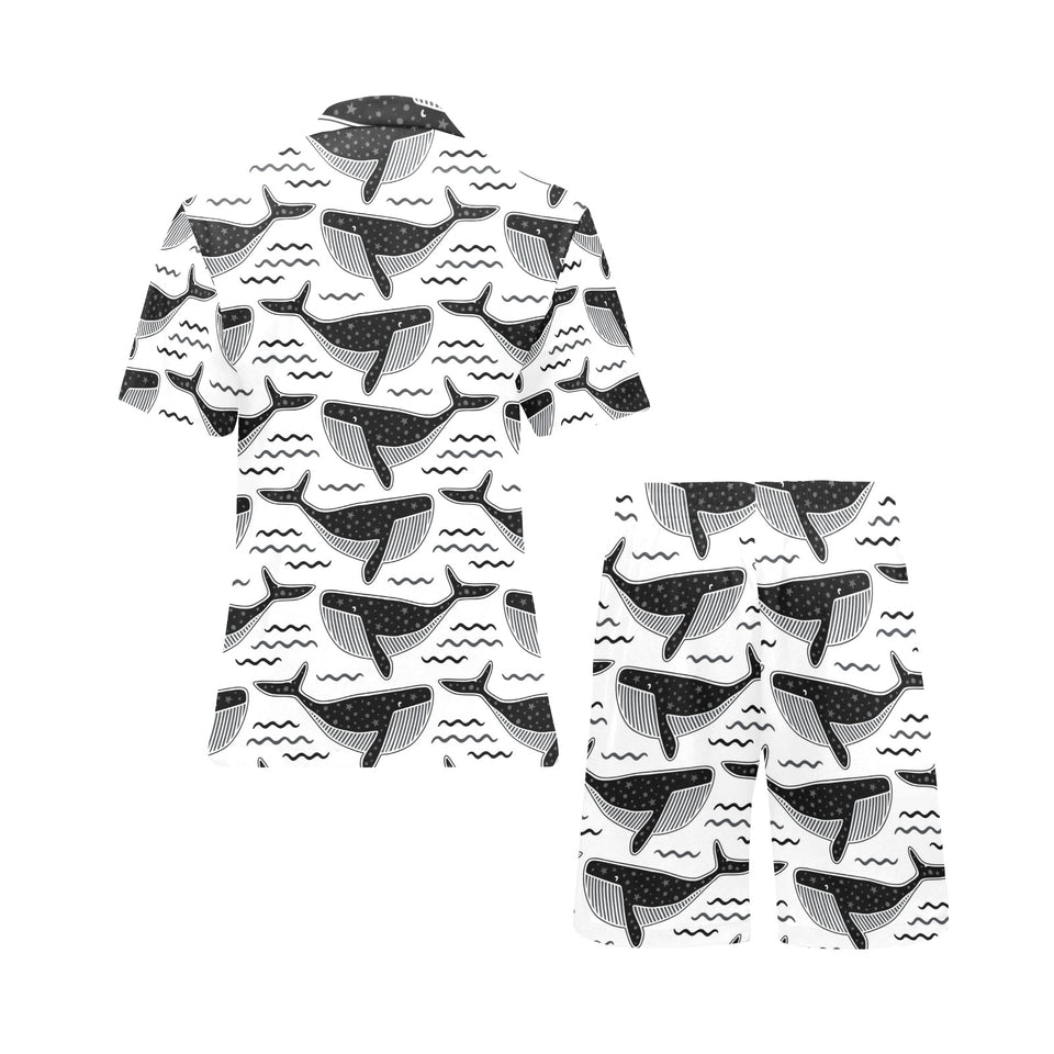 Black whale pattern Men's V-Neck Short Pajama Set