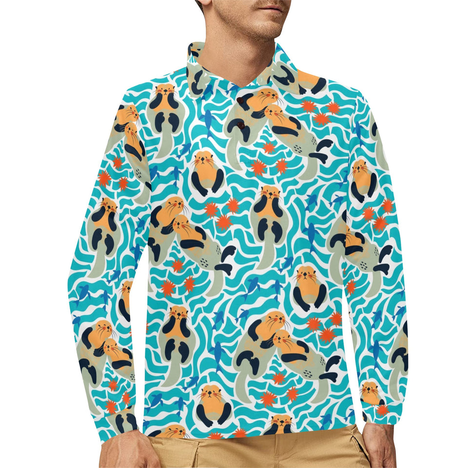 Cute sea otters fishe sea urchin pattern Men's Long Sleeve Polo Shirt