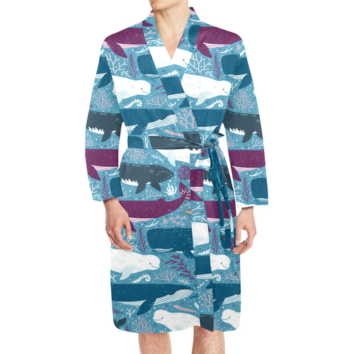 Whale design pattern Men's Long Sleeve Belted Night Robe