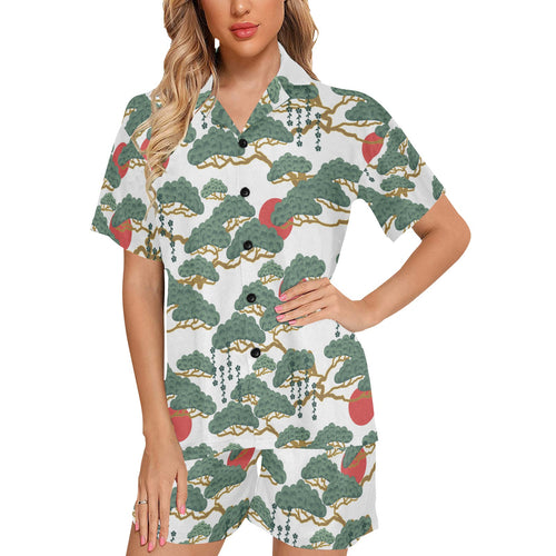 Bonsai red sun japanese pattern Women's V-Neck Short Pajama Set