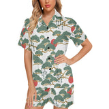 Bonsai red sun japanese pattern Women's V-Neck Short Pajama Set