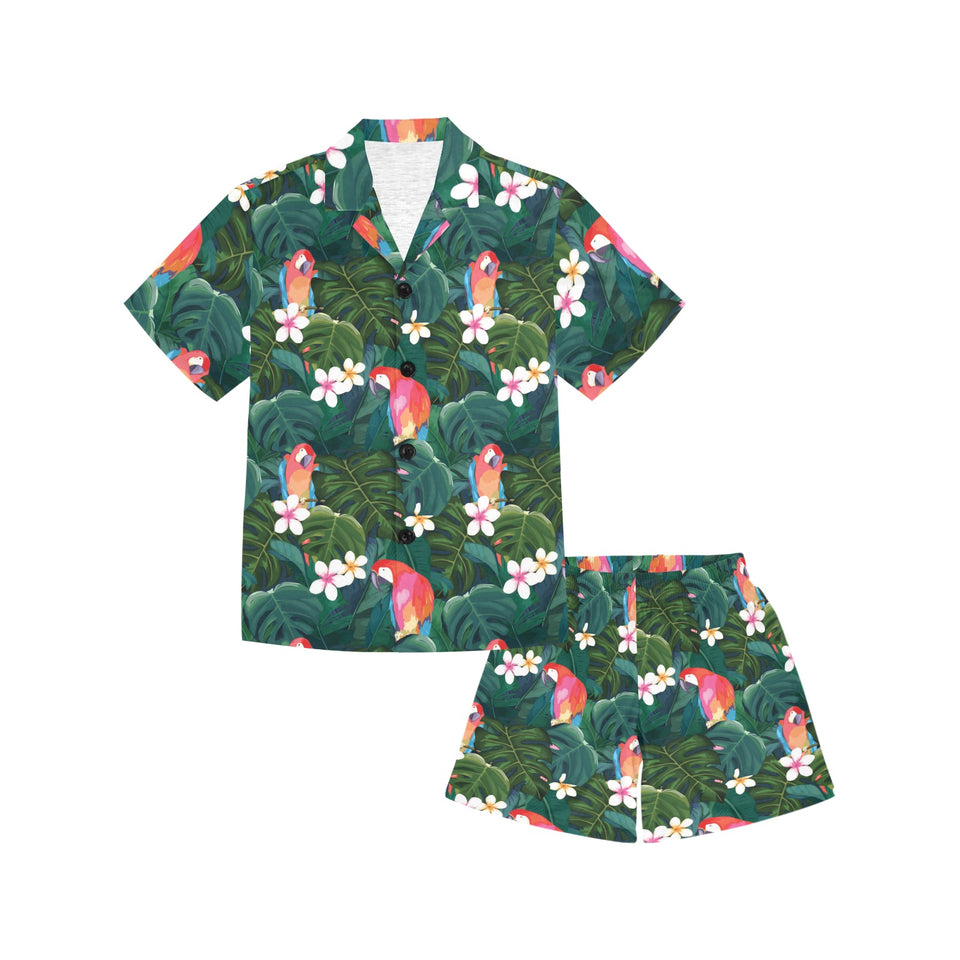 Parrot Palm tree leaves flower hibiscus pattern Kids' Boys' Girls' V-Neck Short Pajama Set